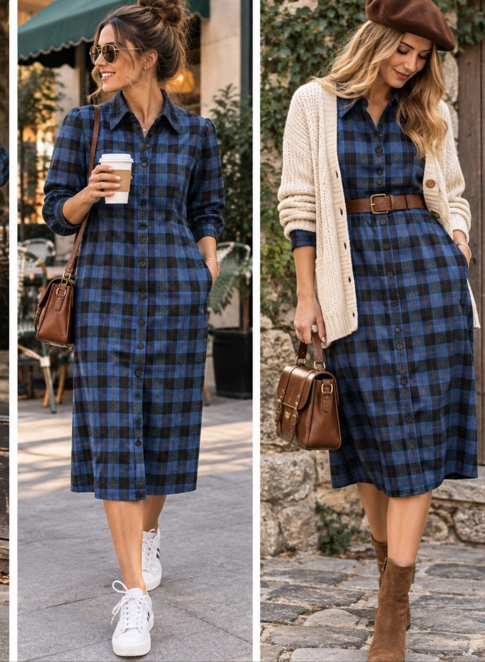 Vintage Wool Blue and Black Plaid Button-Front Midi Dress